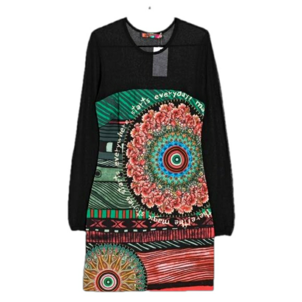 Desigual Spain floral embroidered dress with sheer mesh top and sleeves